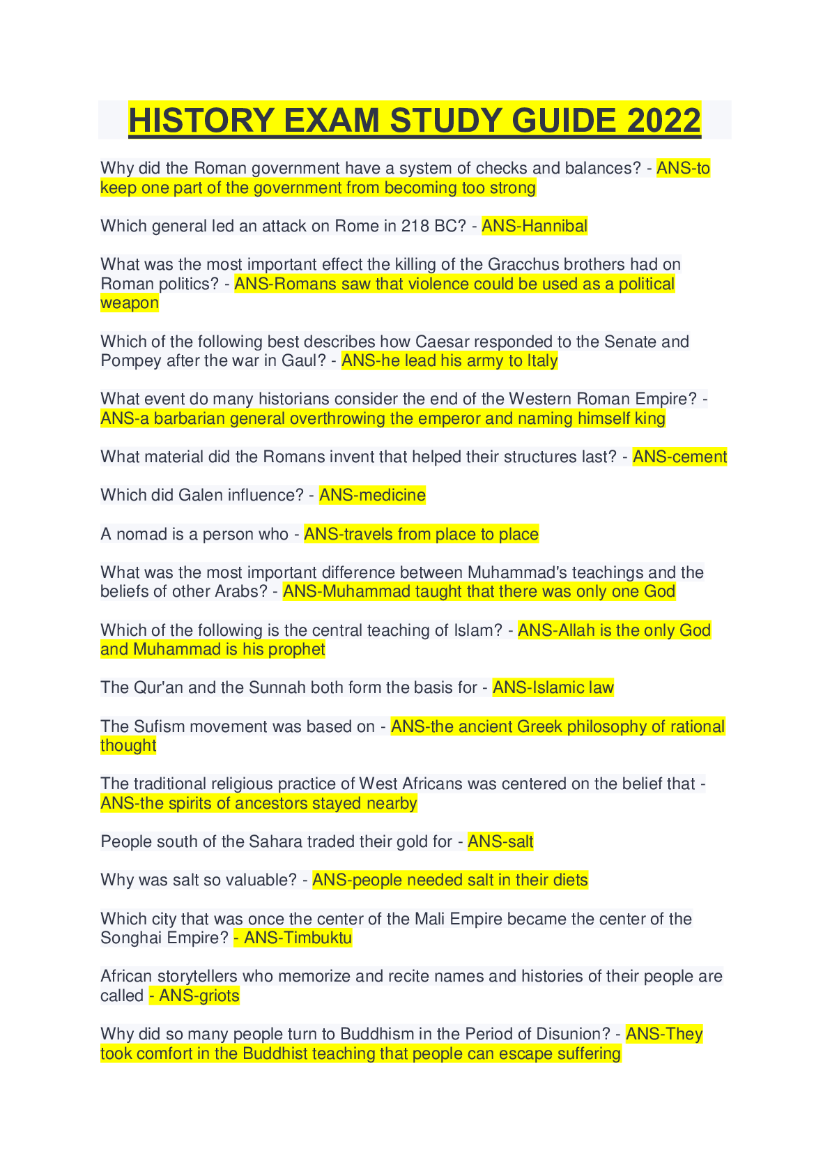 HISTORY EXAM STUDY GUIDE 2022 Browsegrades